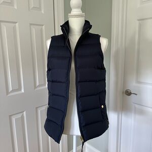 J Crew Women’s Navy Puffer Vest with Gold Accents - Size Small